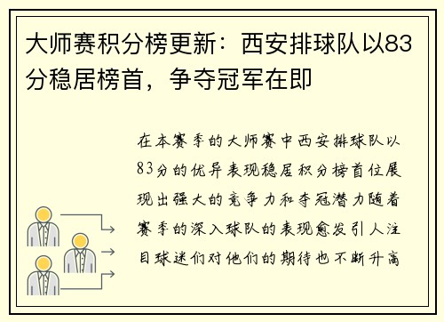 大师赛积分榜更新：西安排球队以83分稳居榜首，争夺冠军在即