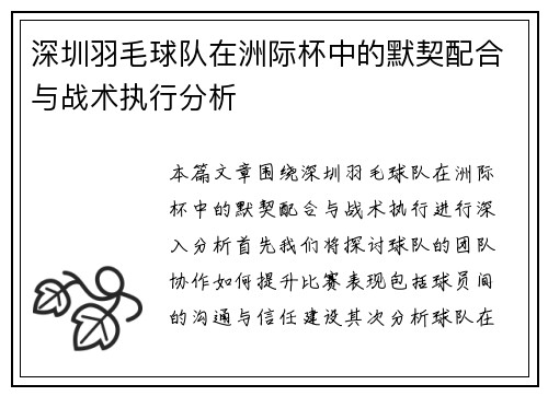 深圳羽毛球队在洲际杯中的默契配合与战术执行分析